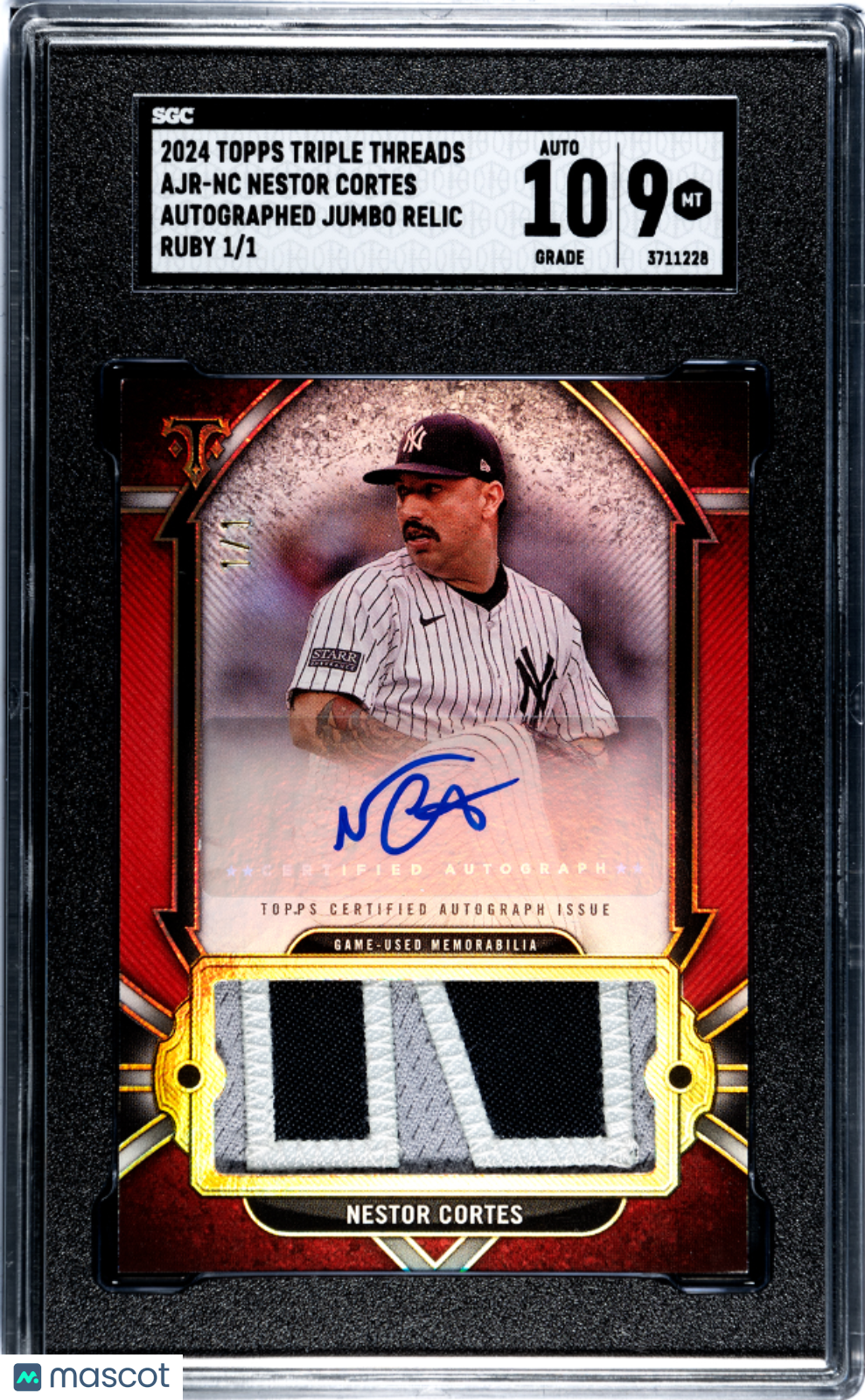2024 Topps Triple Nestor Cortes #Ajr-Nc Auto Jumbo Relic Ruby 1 1 Sgc 9 Auto 10