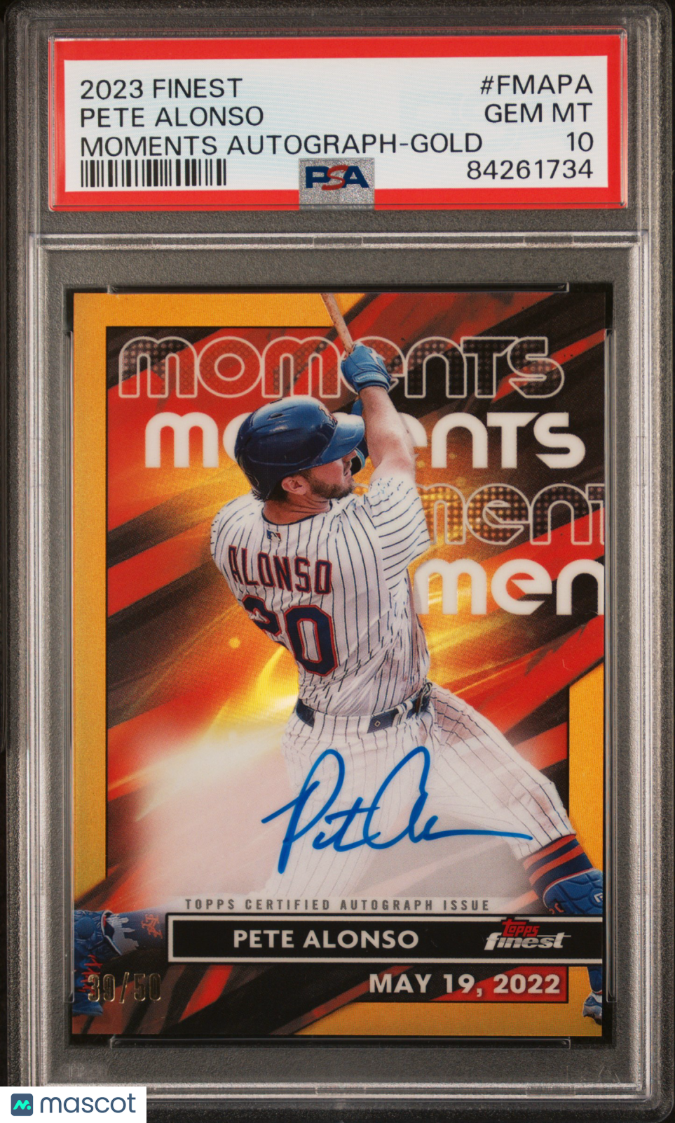 2023 Topps Finest Finest Moments Autographs Pete Alonso #Fmapa Gold 30/50 PSA 10