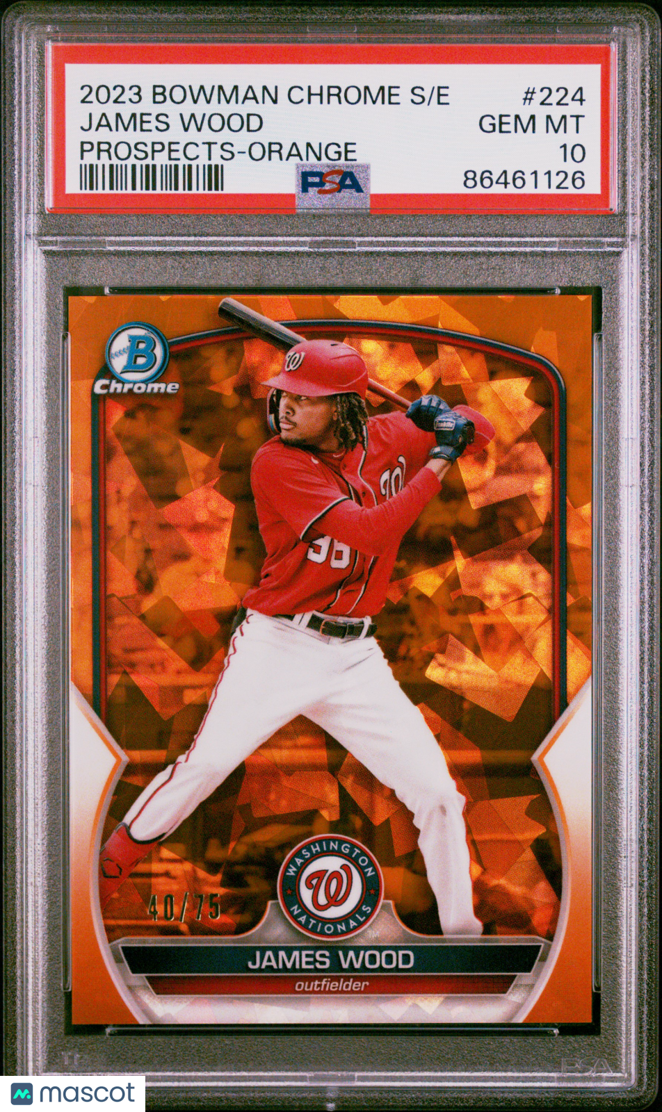 2023 Bowman Chrome Sapphire Prospects James Wood #224 Orange 40/75 PSA 10
