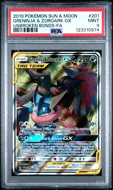 Pokémon Greninja & Zoroark GX - 201/214 - Full Art - Unbroken Bonds - 2019 Pokemon - PSA 9