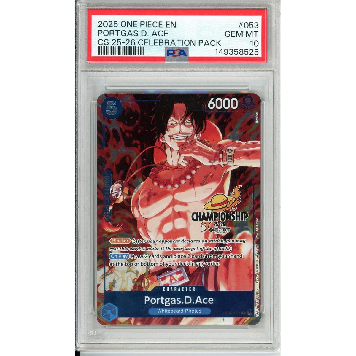 One Piece TCG One Piece Graded: Portgas D. Ace Op07-053 Championship Celebration Pack PSA 10