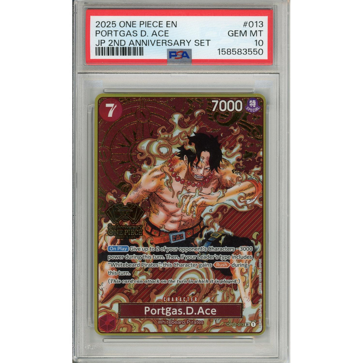 One Piece TCG One Piece Graded: Portgas D. Ace Op02-013 2nd Anniversary Set PSA 10