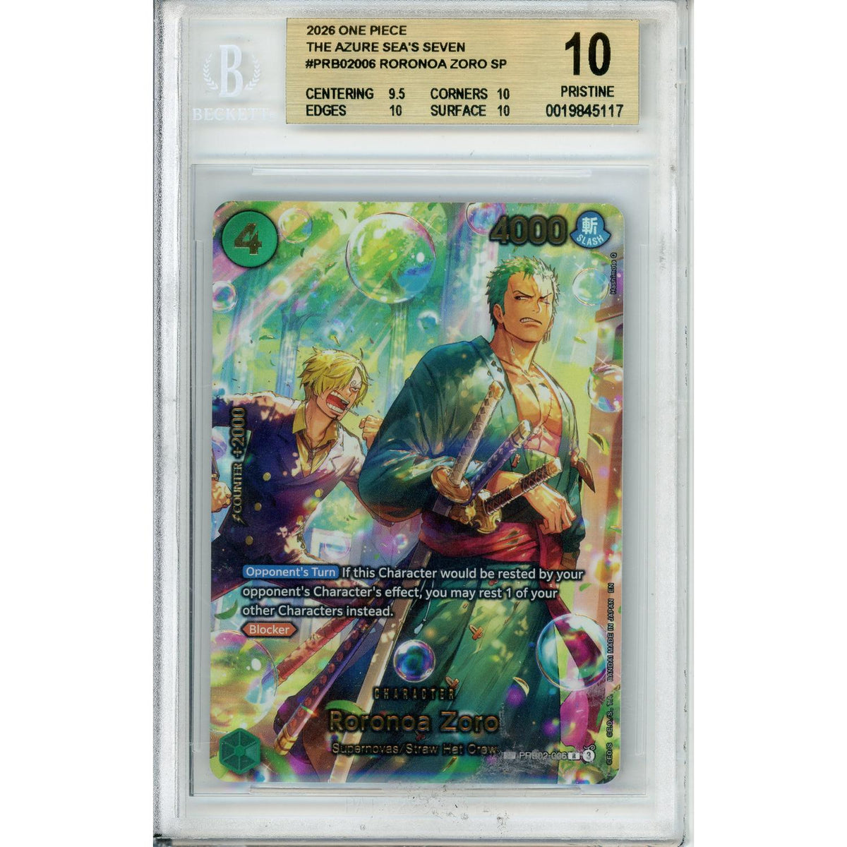 One Piece TCG One Piece Graded: Roronoa Zoro Prb02-006 The Azure Sea'S Seven Beckett 10