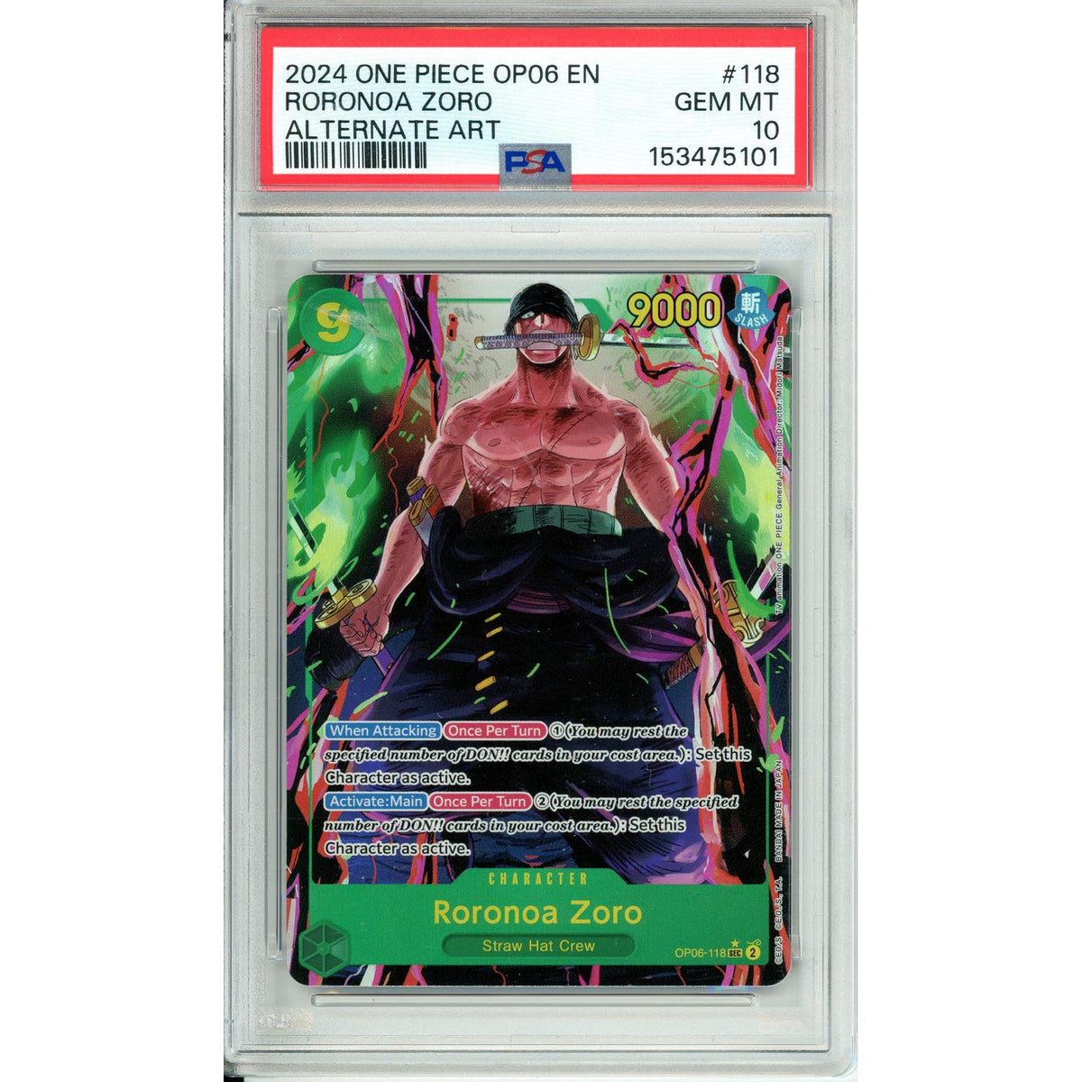 One Piece TCG One Piece Graded: Roronoa Zoro #118 OP-06 Alt Art PSA 10