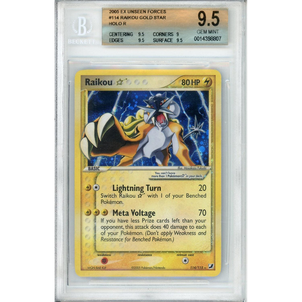 Pokémon Pokemon Graded: Raikou Gold Star 114/115 Unseen Forces (2006) Holo Beckett 9.5