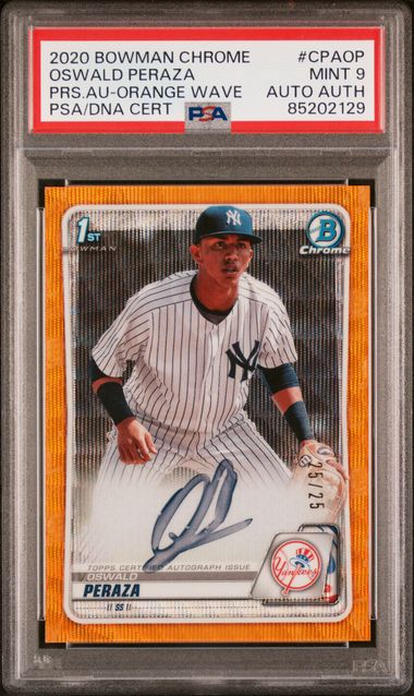 Baseball Topps 2020 Topps Bowman Chrome - Oswald Peraza Cpaop - Orange Wave 25/25 - PSA 9