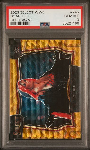 WWE Wrestling Panini 2023 Panini Select WWE - Scarlett 245 - Gold Wave /10 - PSA 10